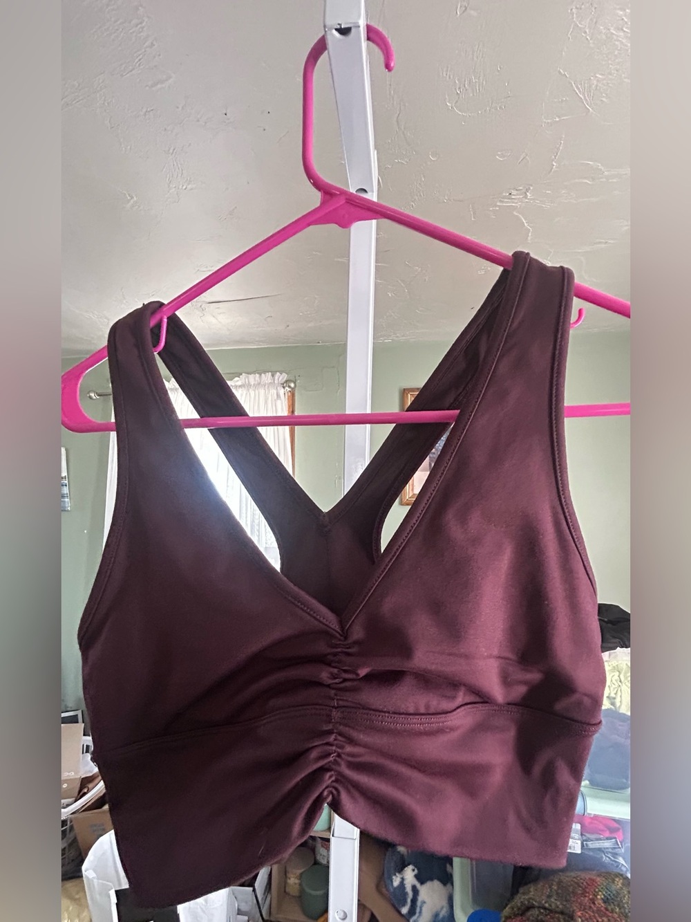 ALO Yoga Deep Burgundy Ruched V-Neck Sports Bra